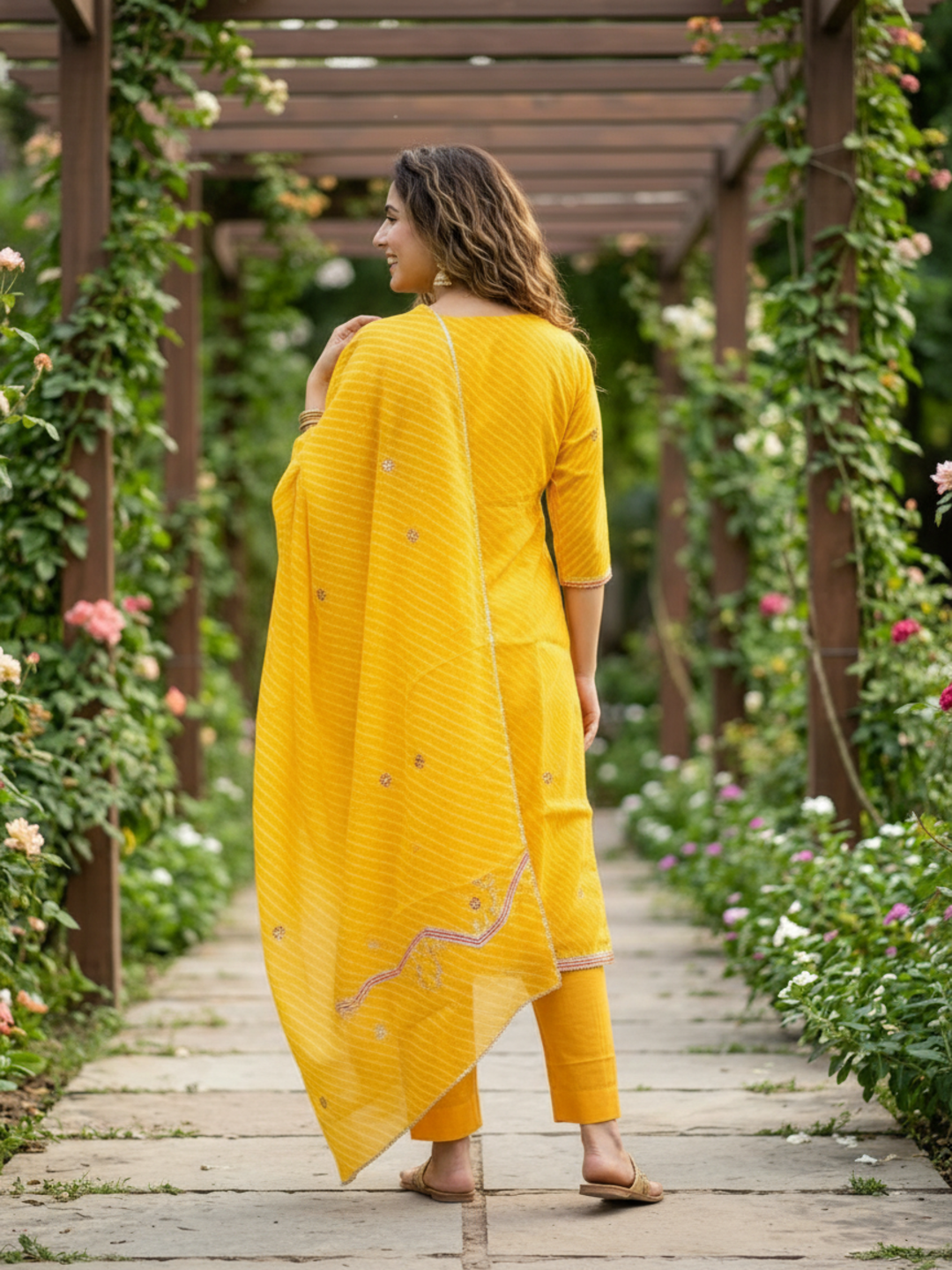 Leheriya Printed Gota Patti Embroidered Straight Kurta with Pant & Dupatta - Yellow