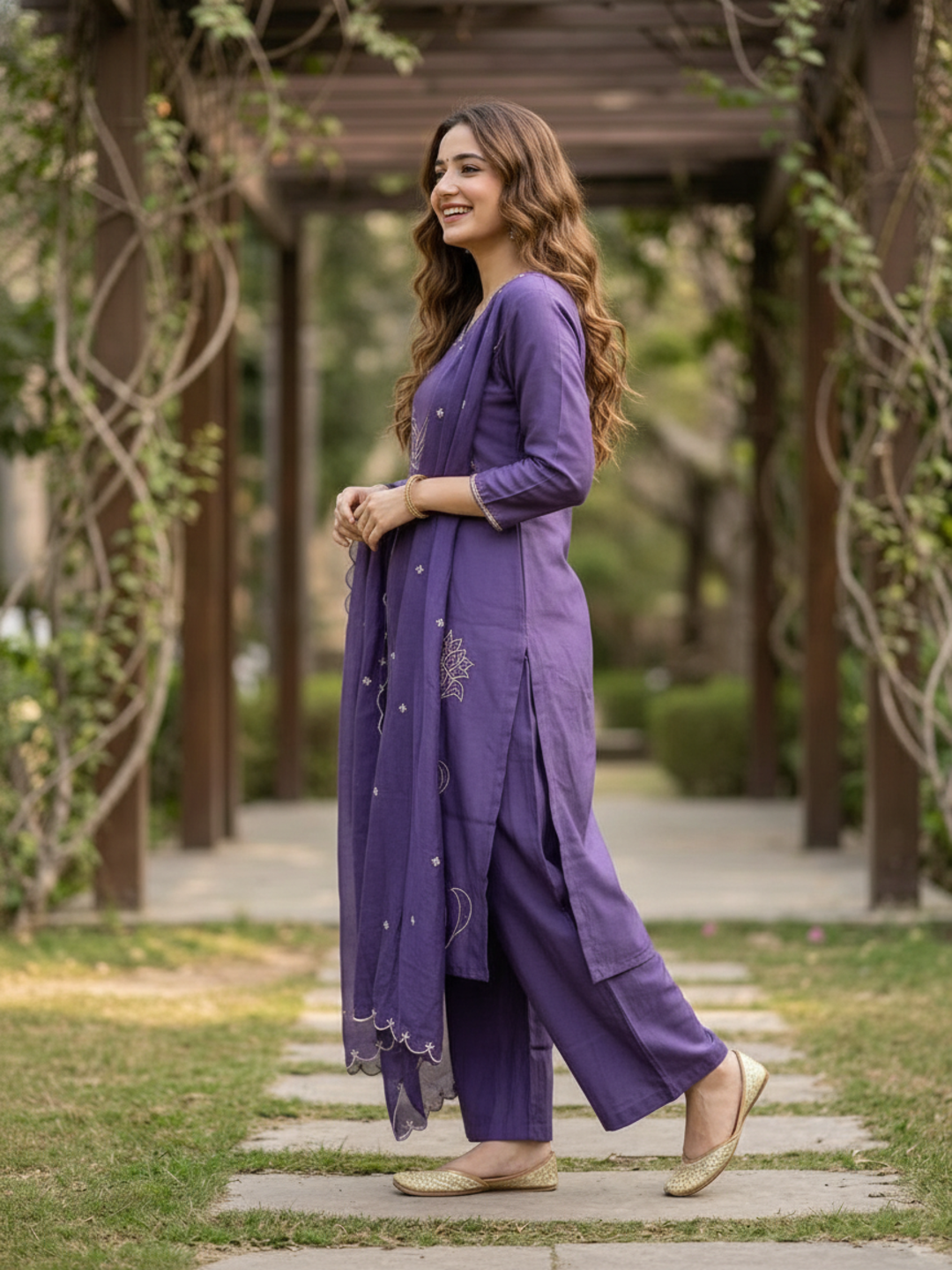 Solid Threadwork Embroidered Straight Kurta with Palazzo & Dupatta - Lavender