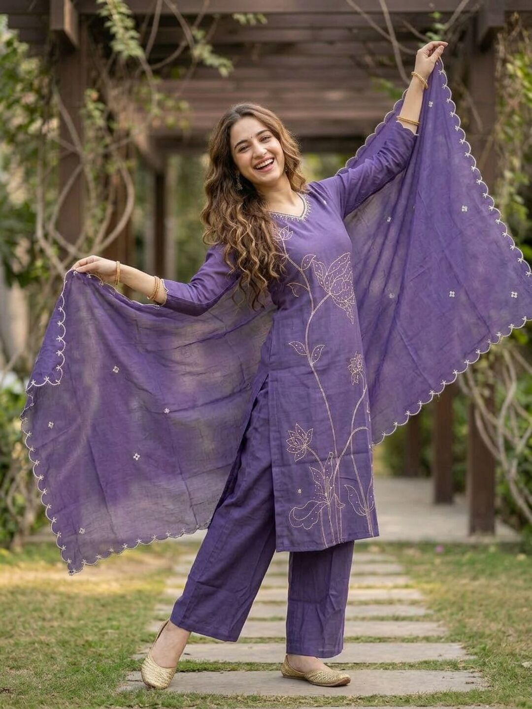 Solid Threadwork Embroidered Straight Kurta with Palazzo & Dupatta - Lavender