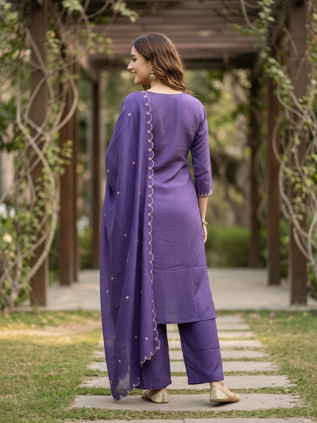 Solid Threadwork Embroidered Straight Kurta with Palazzo & Dupatta - Lavender