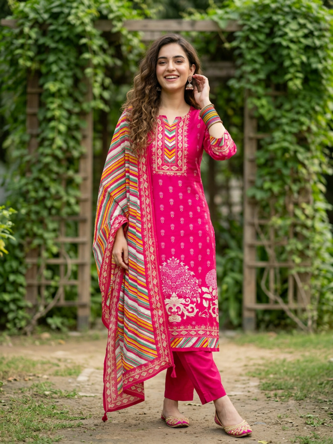 Ethnic Floral Printed Straight Kurta with Pant & Dupatta - Rani