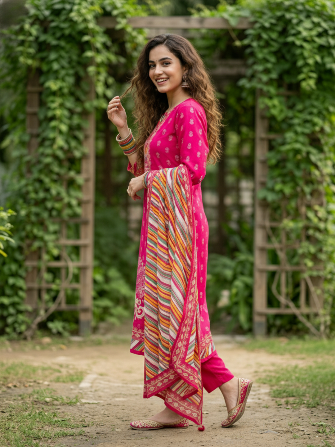 Ethnic Floral Printed Straight Kurta with Pant & Dupatta - Rani