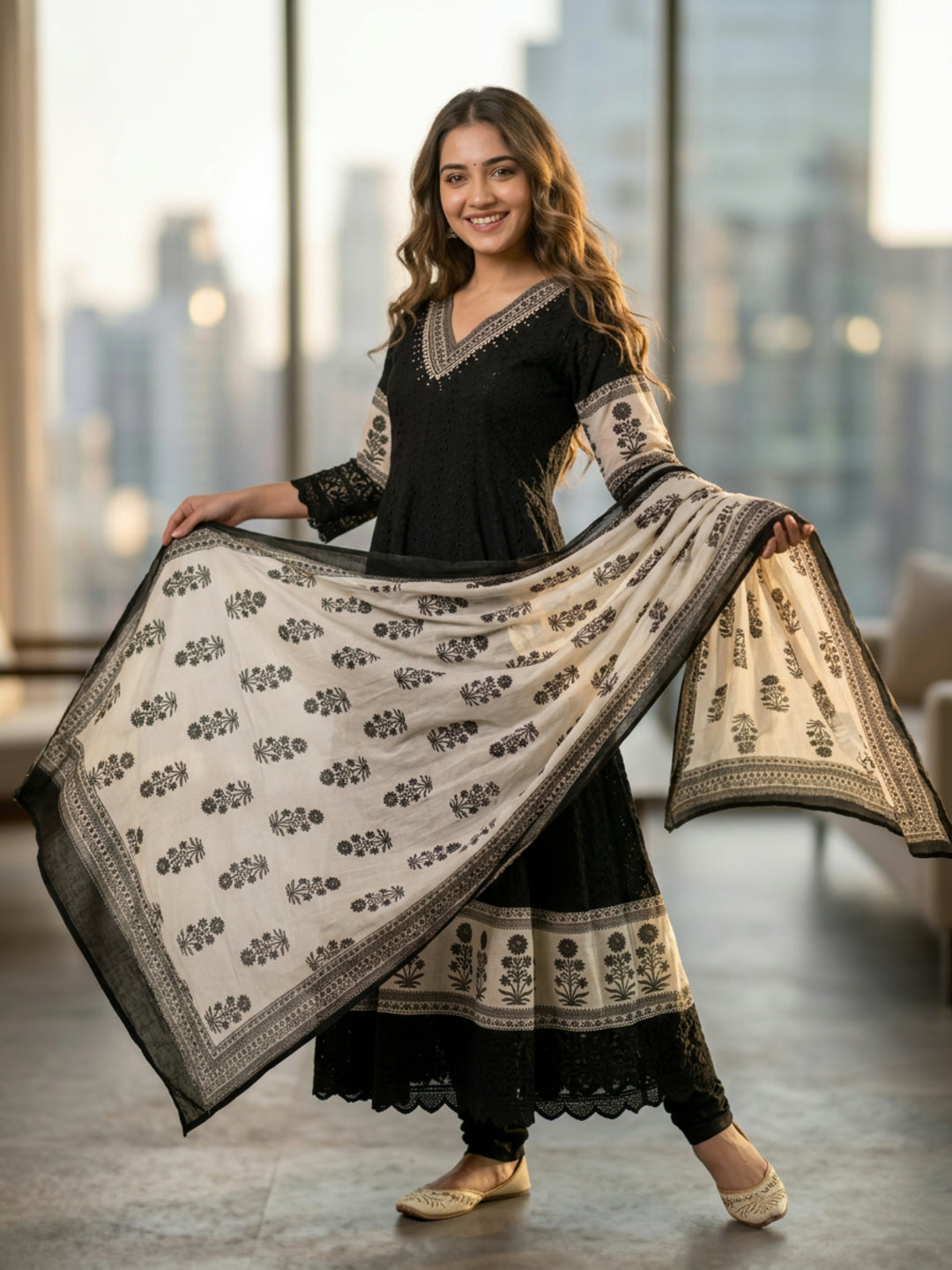 Solid Schiffli Floral Embroidered Anarkali with Pant & Dupatta - Black