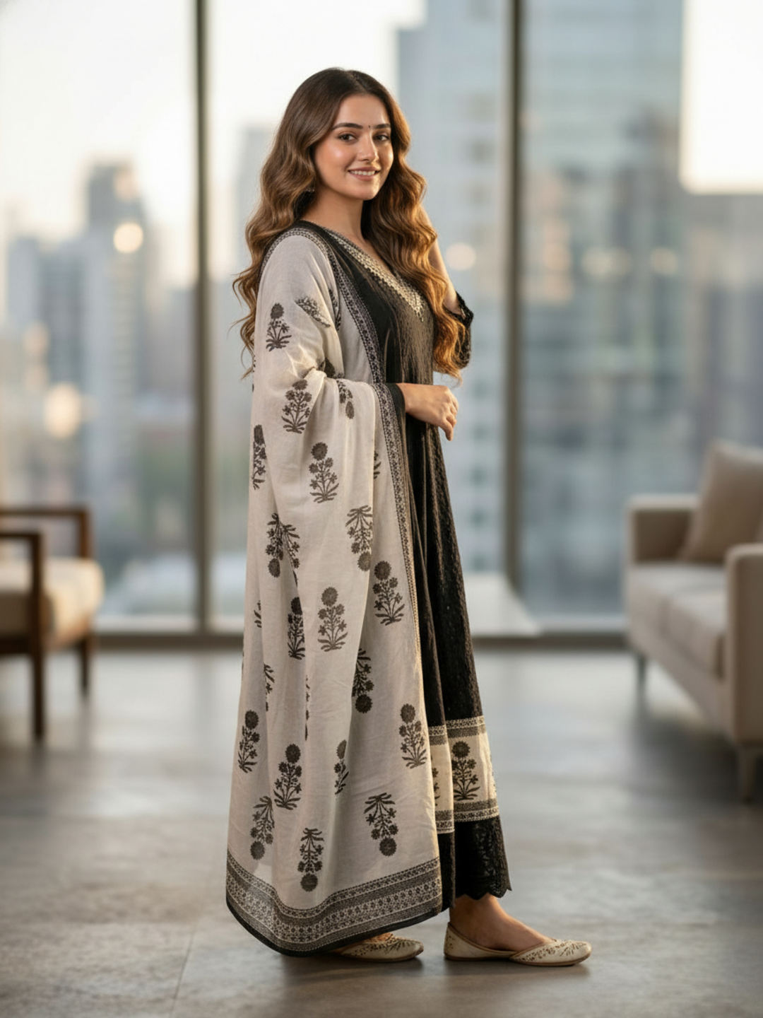 Solid Schiffli Floral Embroidered Anarkali with Pant & Dupatta - Black