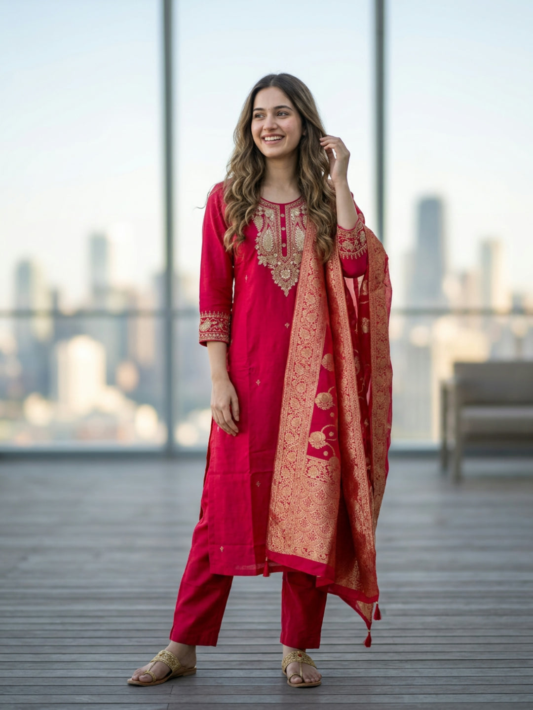 Solid Embroidered Straight Kurta with Pant & Jacquard Dupatta - Rani Red
