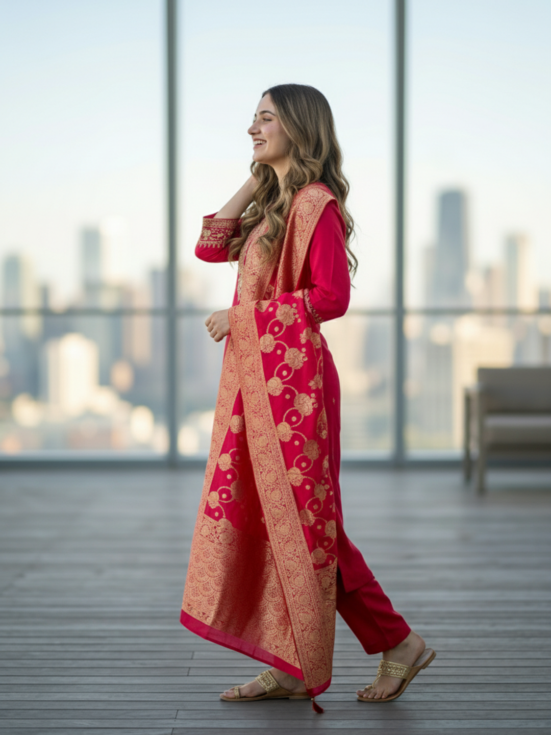 Solid Embroidered Straight Kurta with Pant & Jacquard Dupatta - Rani Red