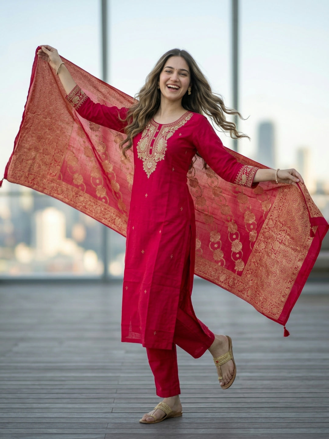 Solid Embroidered Straight Kurta with Pant & Jacquard Dupatta - Rani Red