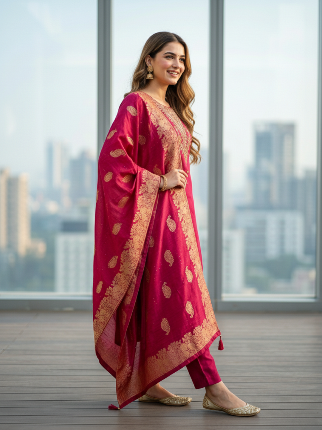 Solid Embroidered Straight Kurta with Pant & Jacquard Dupatta - Rani Pink