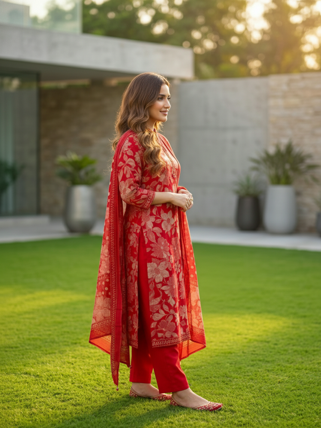Floral Printed Anarkali Kurta with Pant & Dupatta - Red