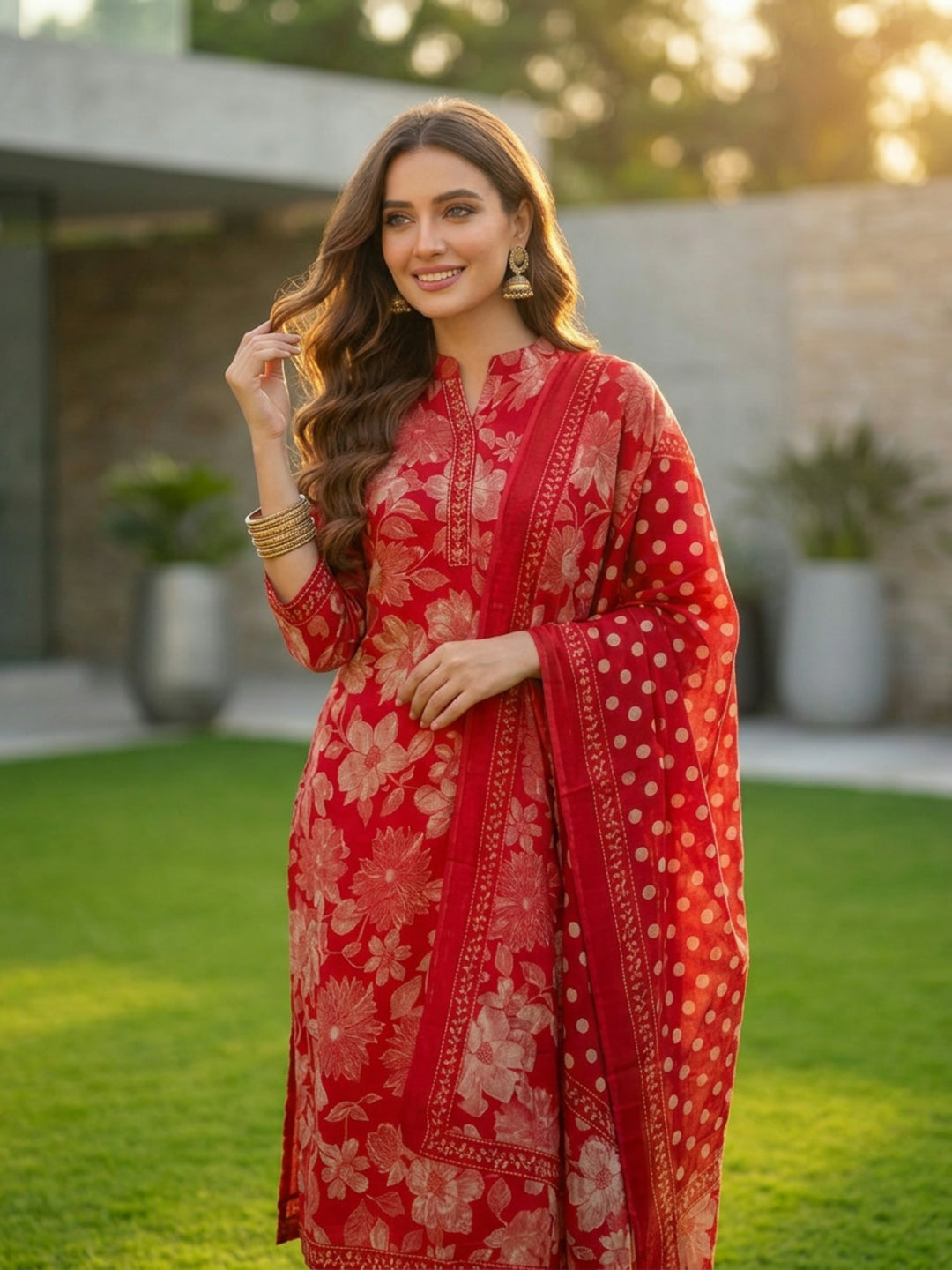 Floral Printed Anarkali Kurta with Pant & Dupatta - Red