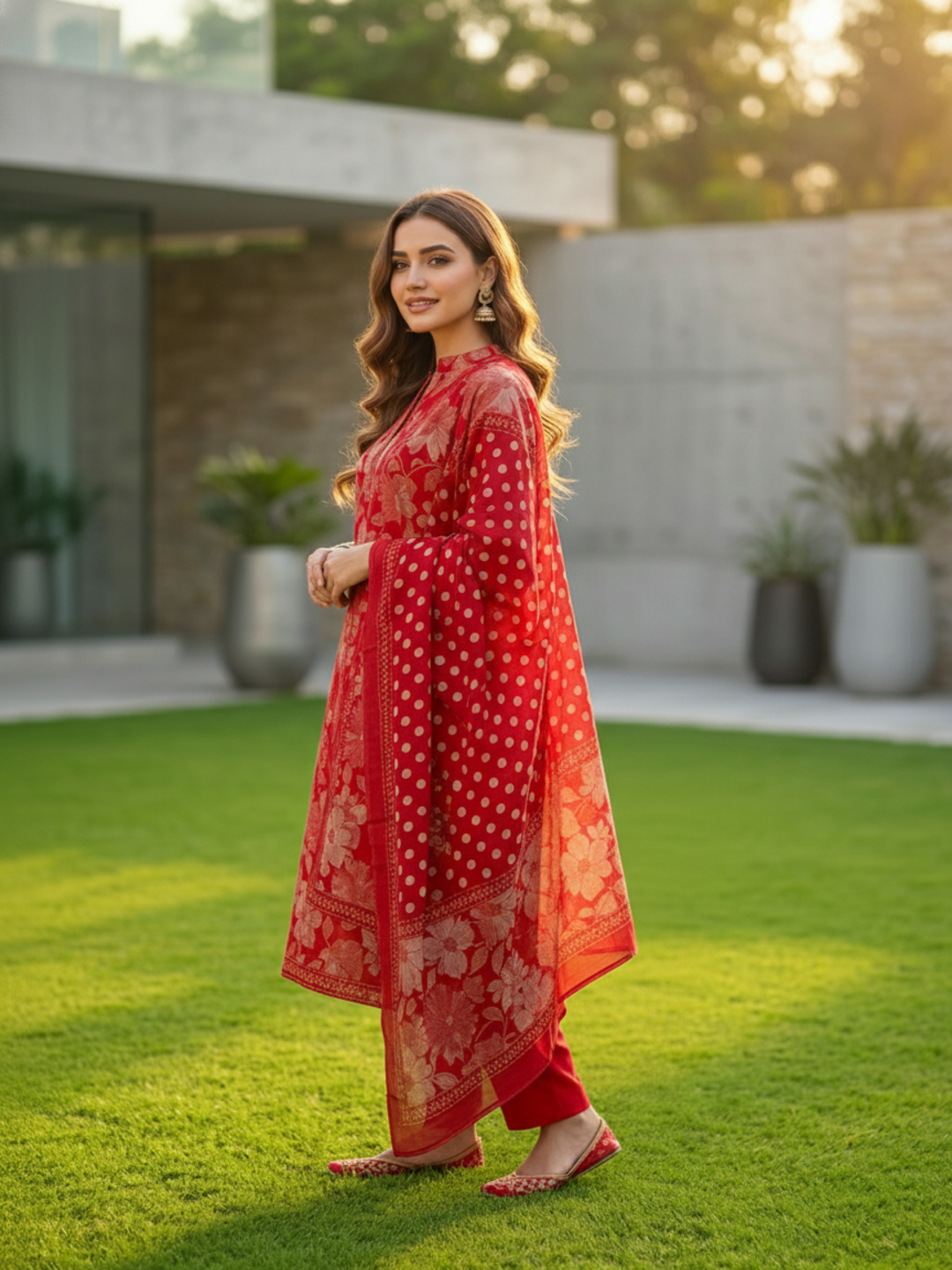 Floral Printed Anarkali Kurta with Pant & Dupatta - Red