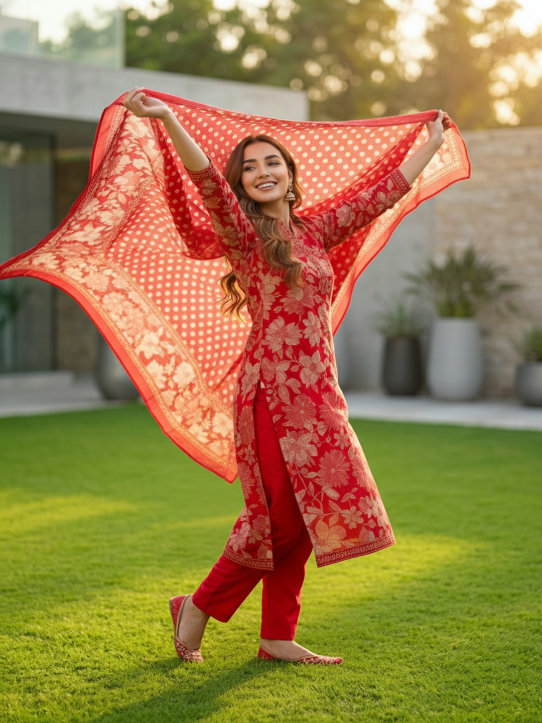 Floral Printed Anarkali Kurta with Pant & Dupatta - Red