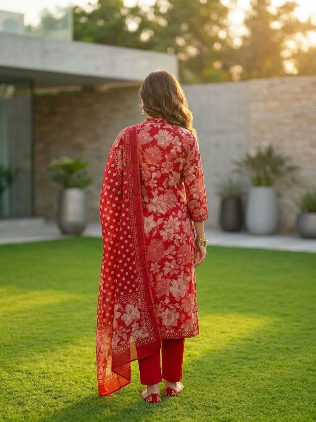 Floral Printed Anarkali Kurta with Pant & Dupatta - Red