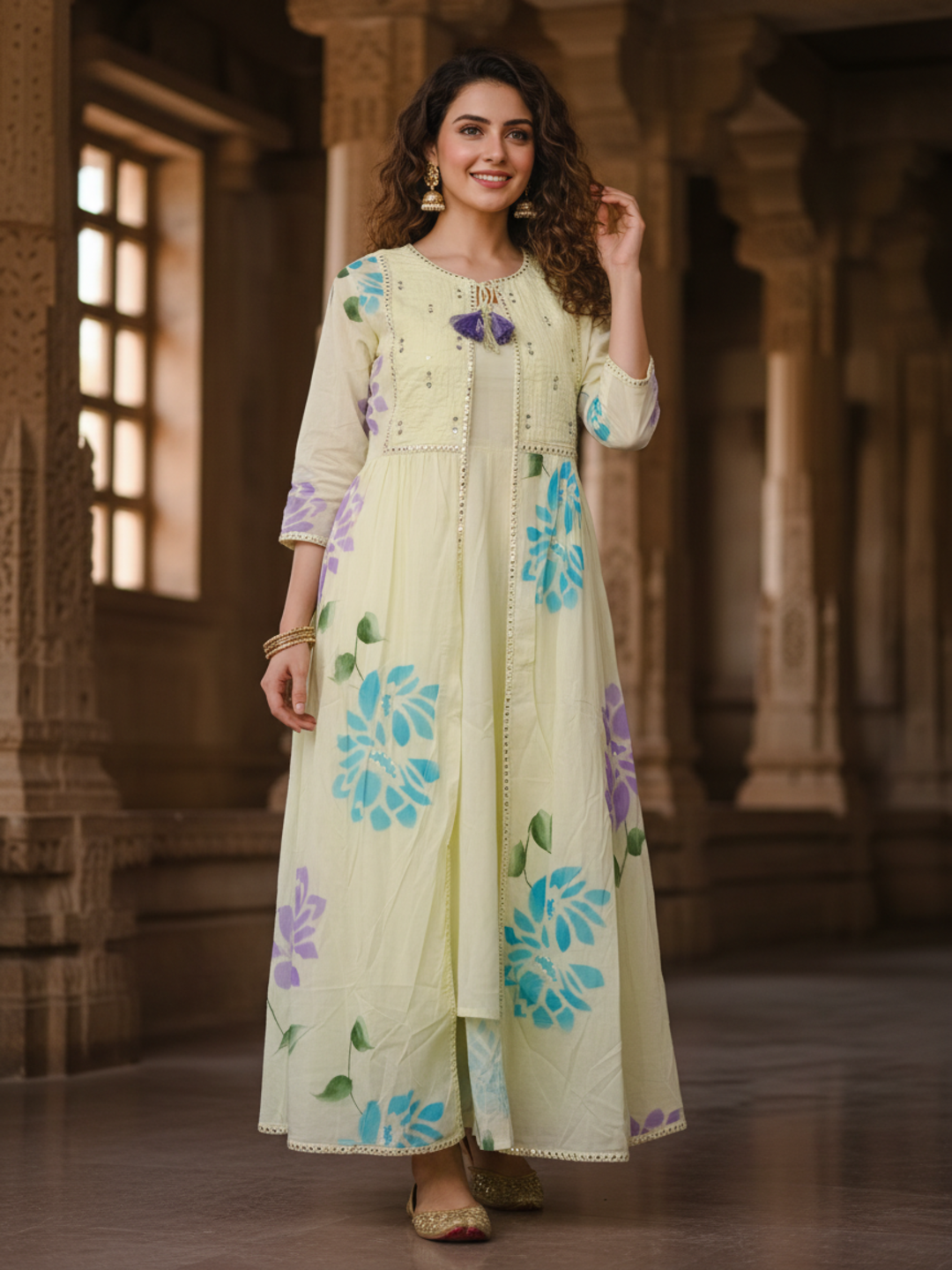 Hand-Painted Floral Mirror Work Layered Anarkali Dress with Jacket - Yellow