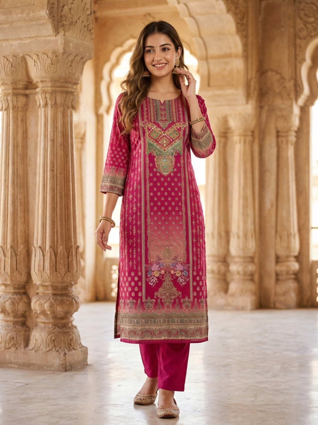 Festive Ethnic Printed Straight Kurta – Rani Pink