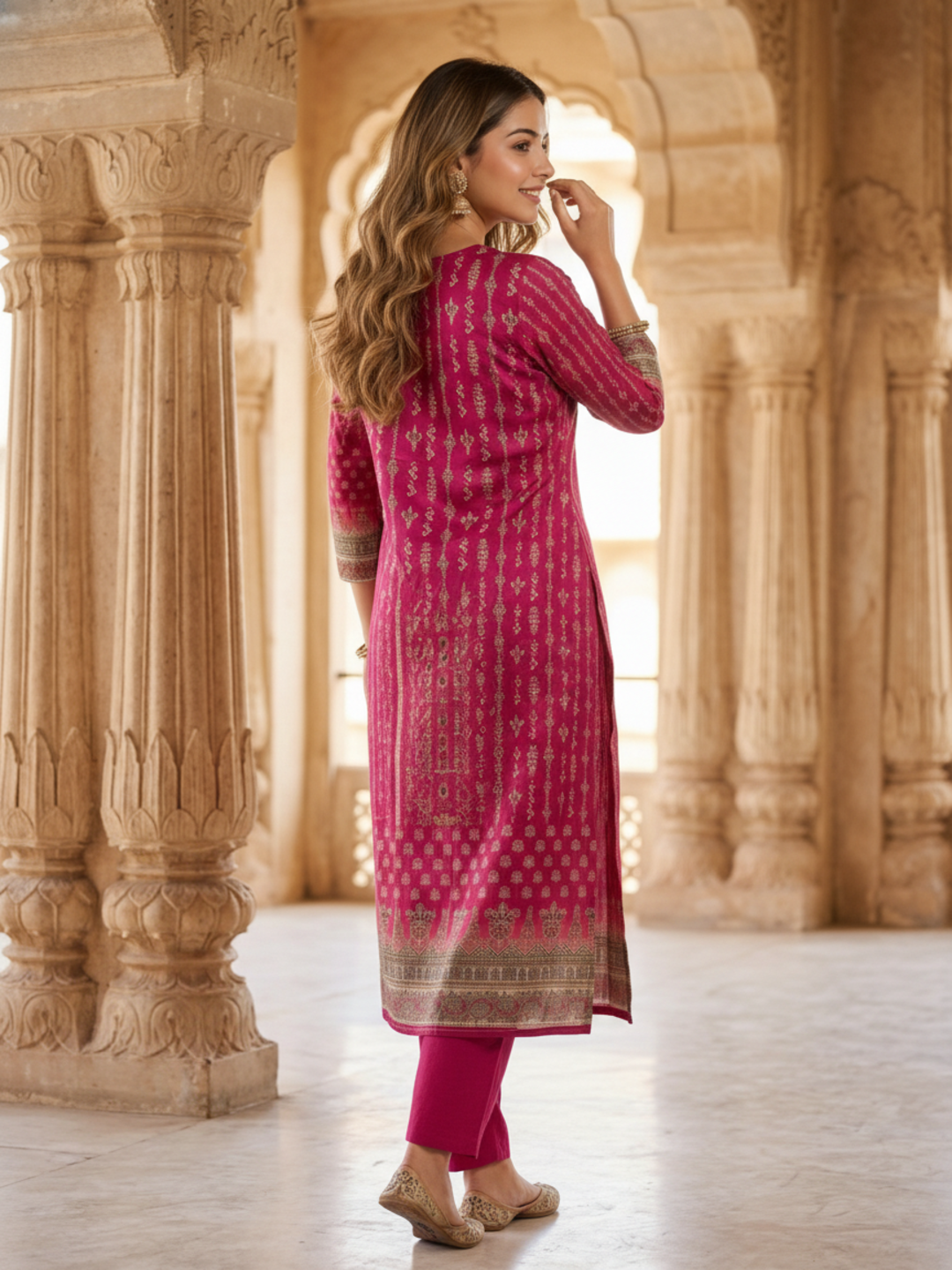 Festive Ethnic Printed Straight Kurta – Rani Pink