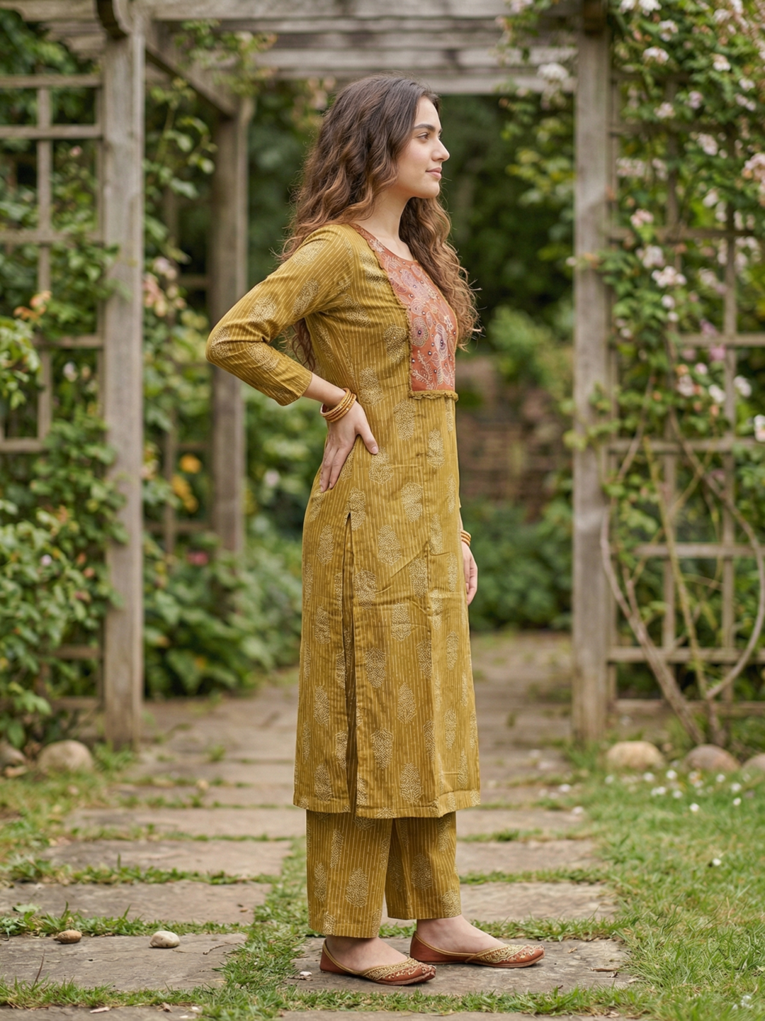 Ethnic Paisley Printed Mirror Work Straight Kurta with Palazzo - Mustard