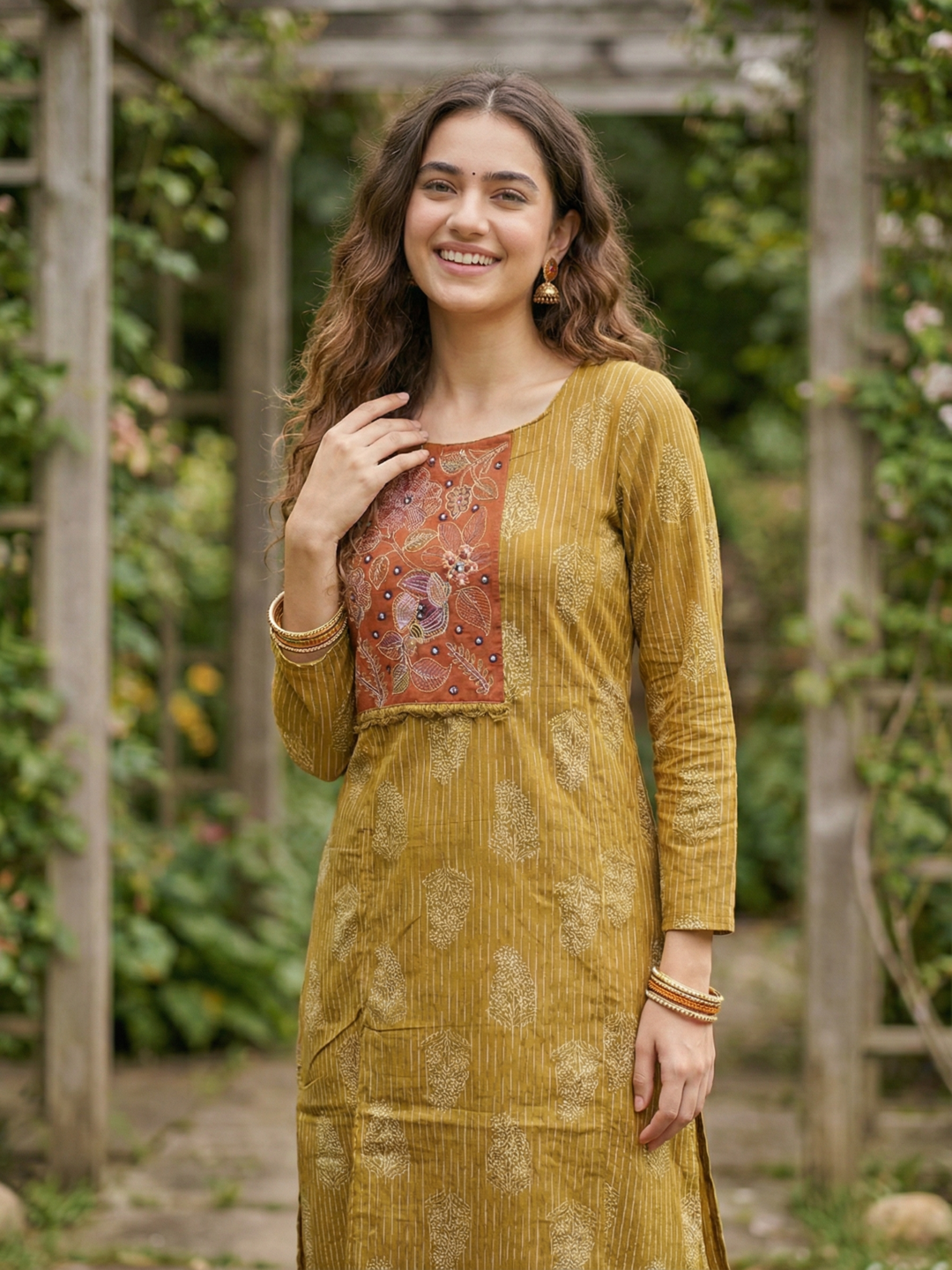 Ethnic Paisley Printed Mirror Work Straight Kurta with Palazzo - Mustard