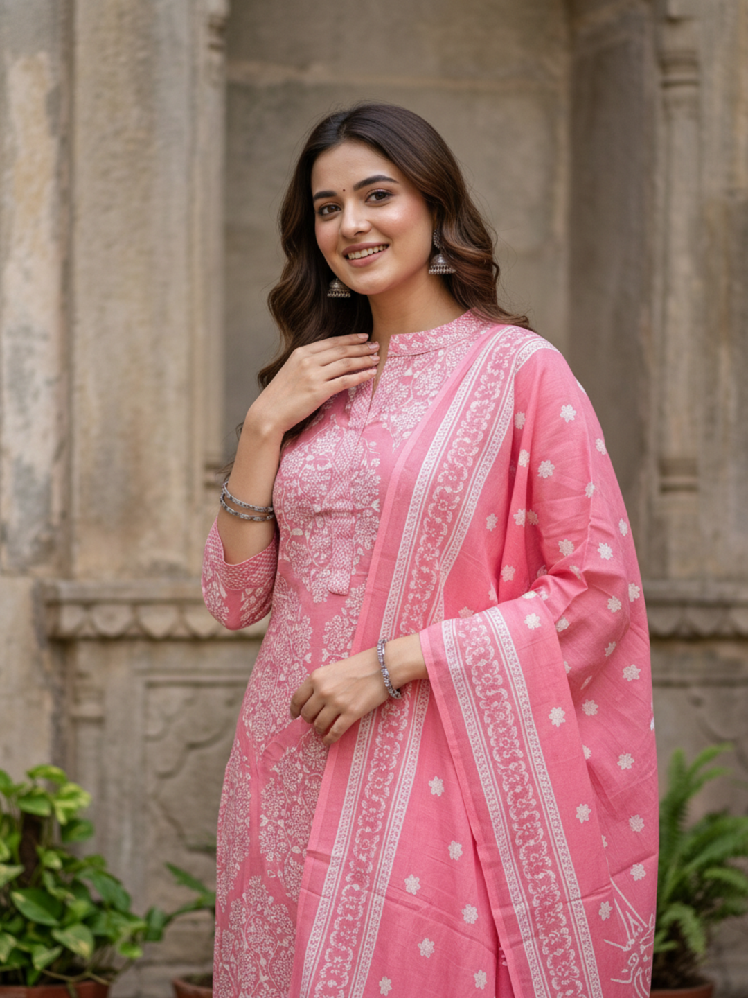 Floral Printed Straight Kurta with Pant & Dupatta - Pink
