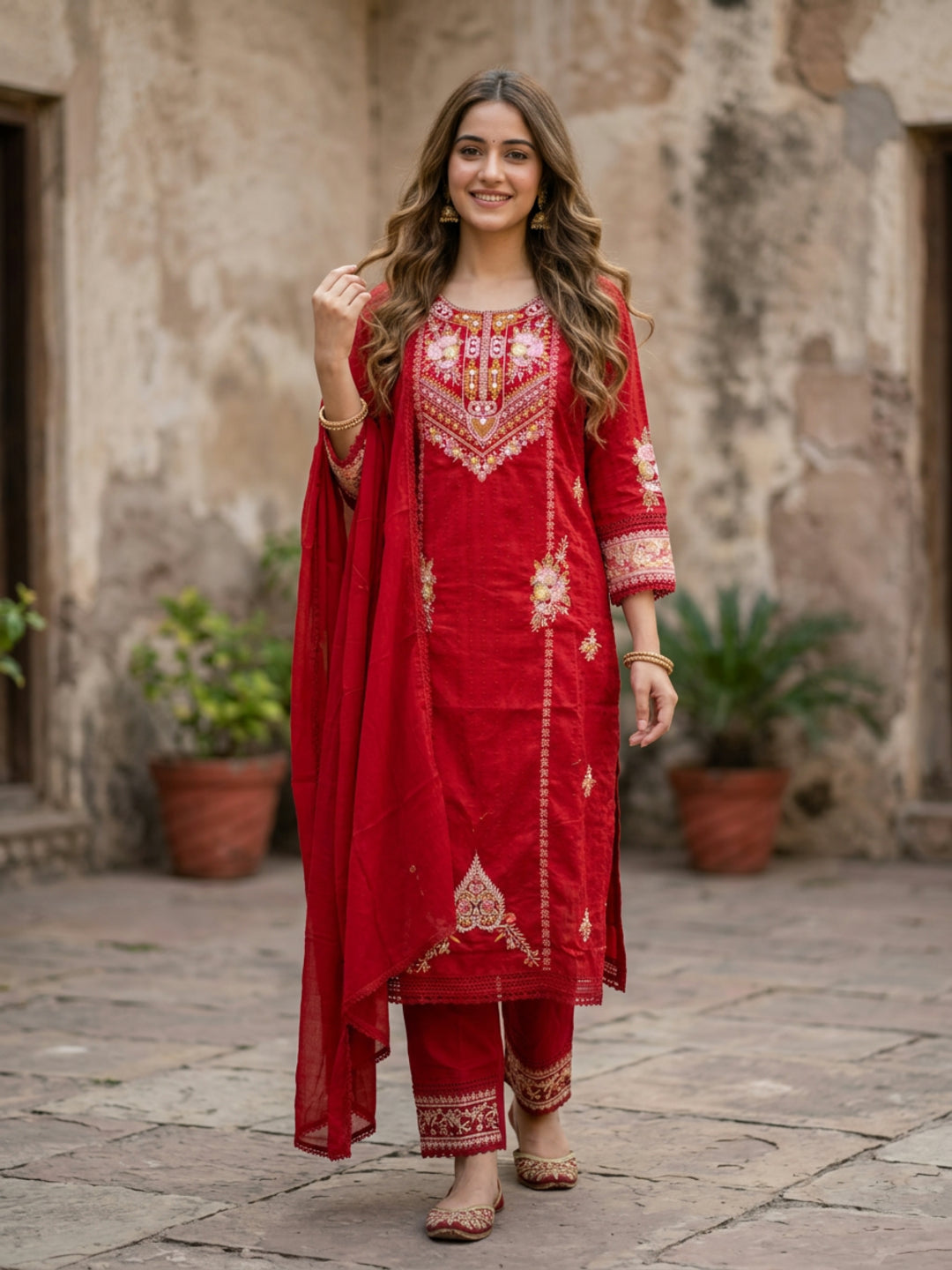 Embroidered Straight Kurta Set with Pant & Dupatta - Festive Red