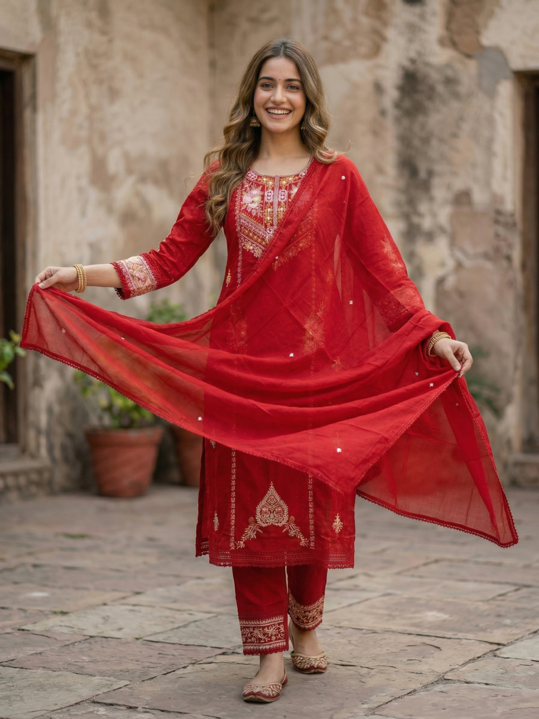 Embroidered Straight Kurta Set with Pant & Dupatta - Festive Red