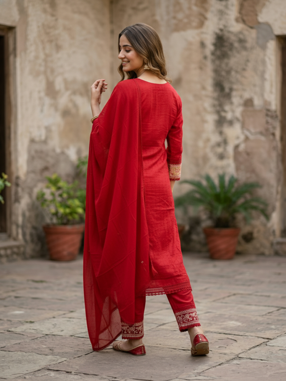 Embroidered Straight Kurta Set with Pant & Dupatta - Festive Red