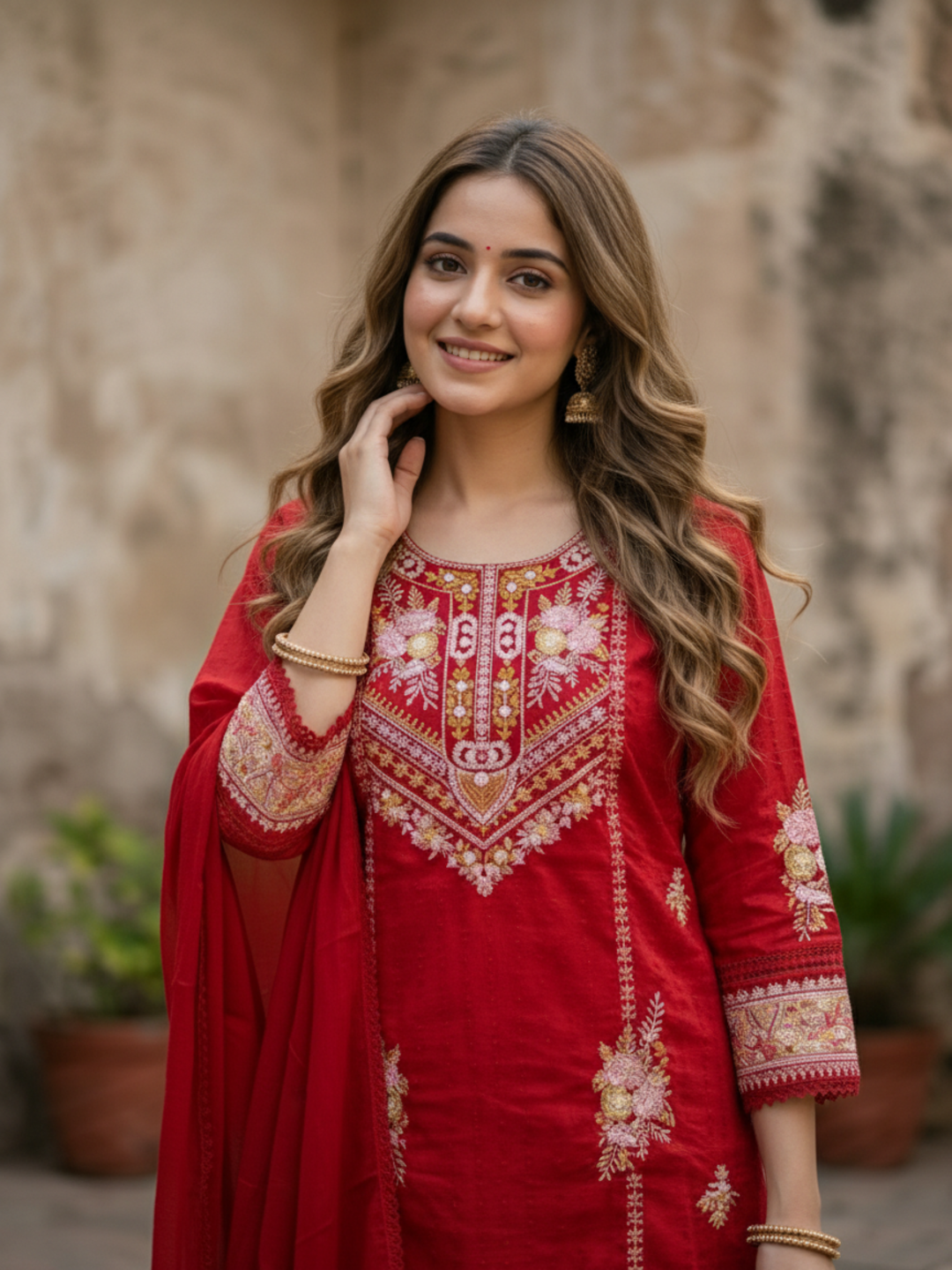Embroidered Straight Kurta Set with Pant & Dupatta - Festive Red