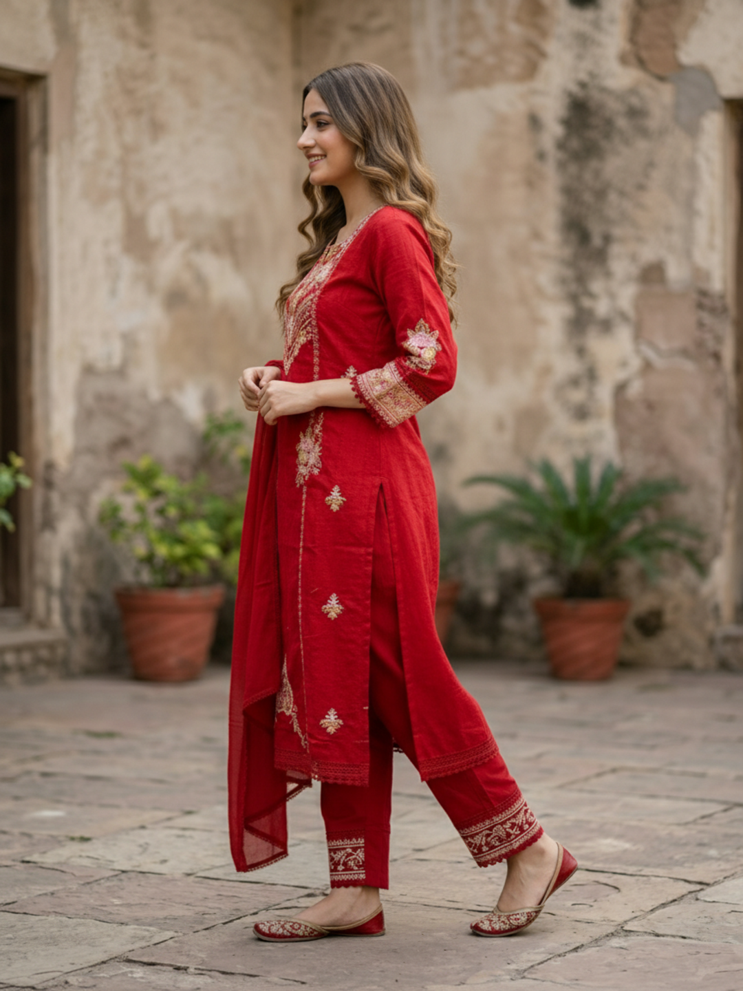 Embroidered Straight Kurta Set with Pant & Dupatta - Festive Red