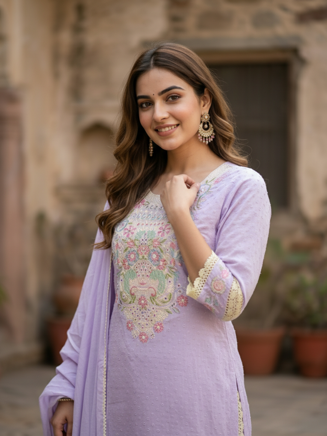 Floral Embroidered Straight Kurta with Pant & Dupatta - Lavender