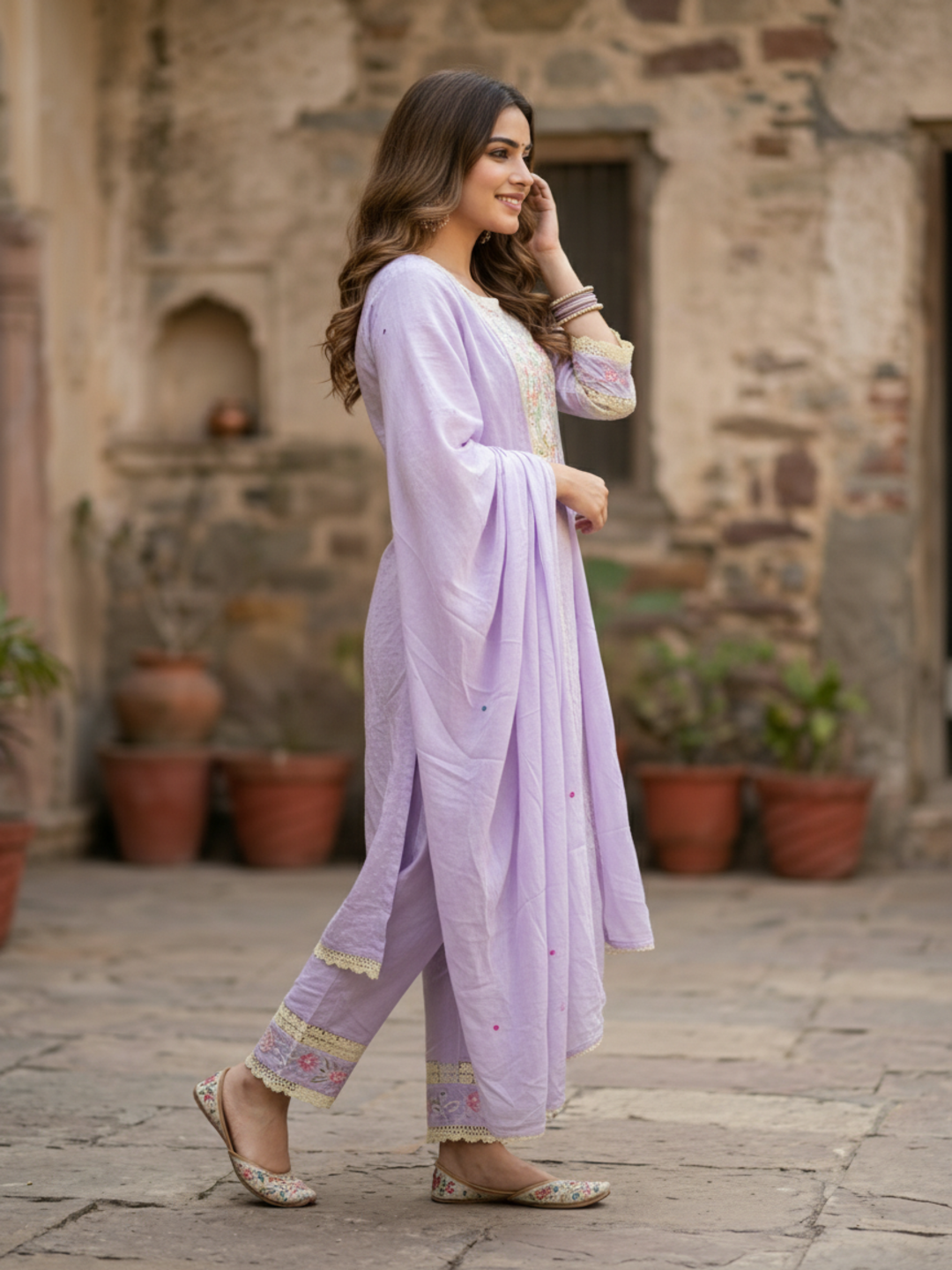 Floral Embroidered Straight Kurta with Pant & Dupatta - Lavender