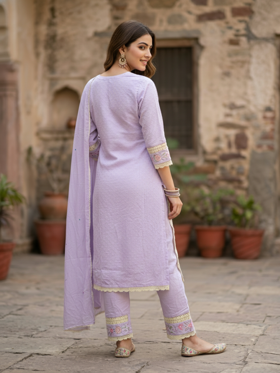 Floral Embroidered Straight Kurta with Pant & Dupatta - Lavender