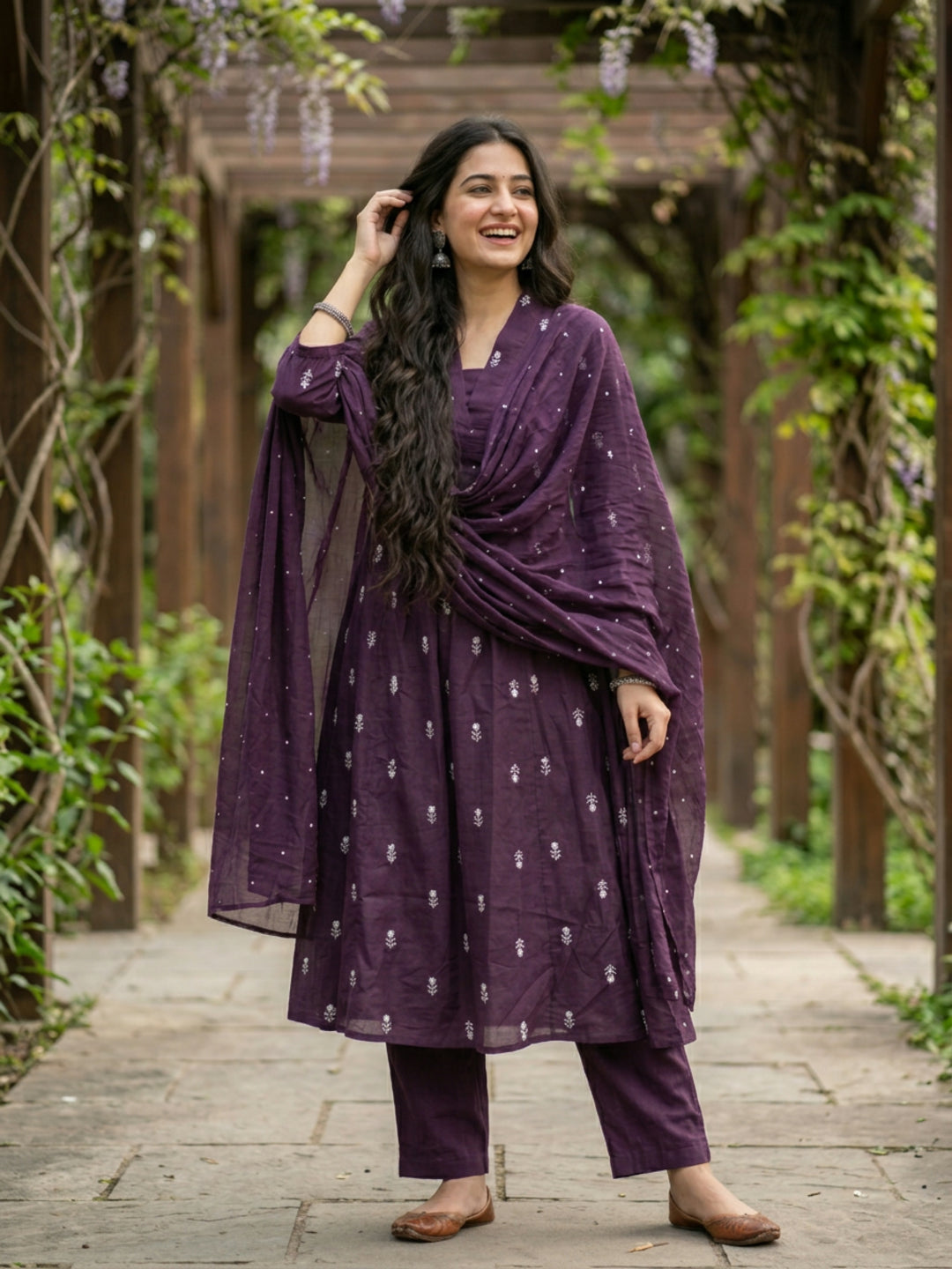 Solid Floral Embroidered A-Line Kurta with Pant & Dupatta - Purple