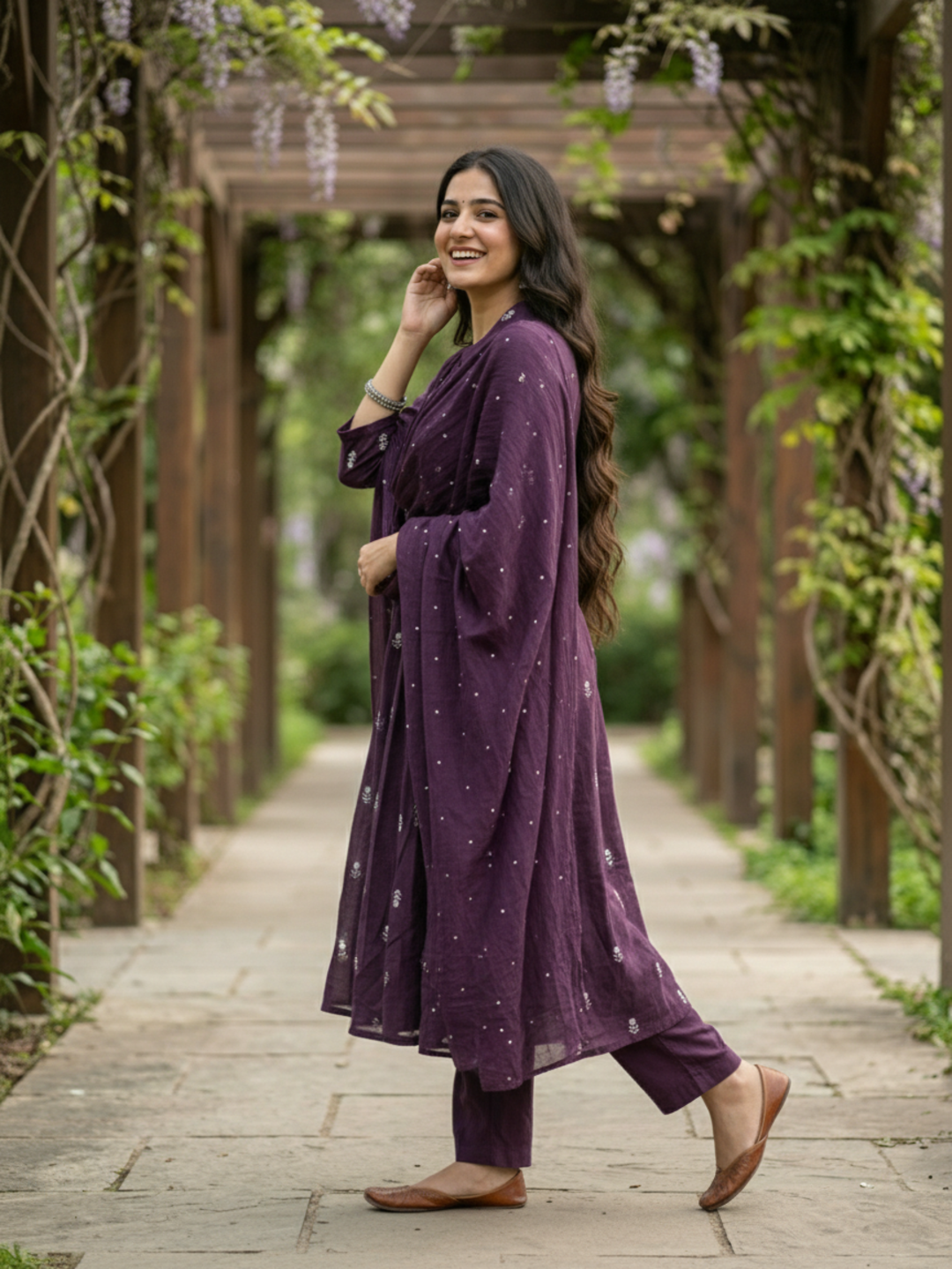 Solid Floral Embroidered A-Line Kurta with Pant & Dupatta - Purple