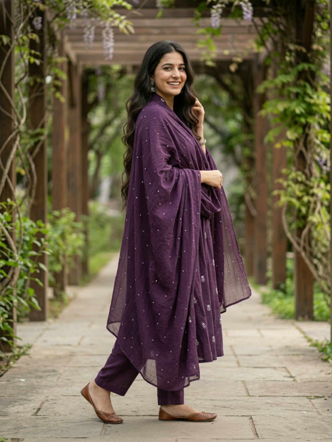 Solid Floral Embroidered A-Line Kurta with Pant & Dupatta - Purple