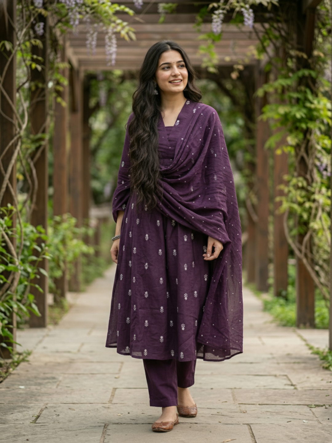 Solid Floral Embroidered A-Line Kurta with Pant & Dupatta - Purple