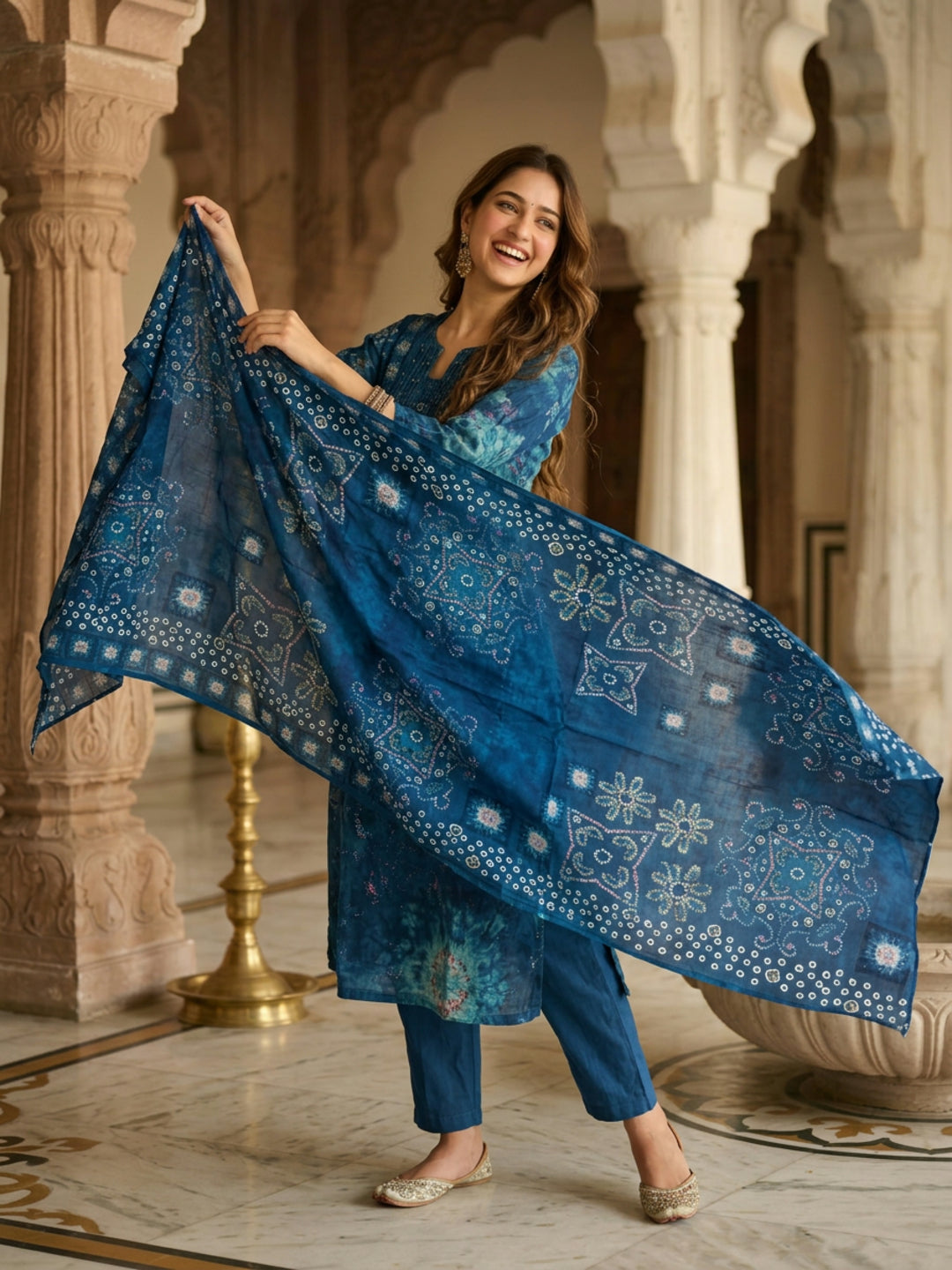 Bandhani Printed A-Line Kurta with Palazzo & Dupatta - Navy Blue