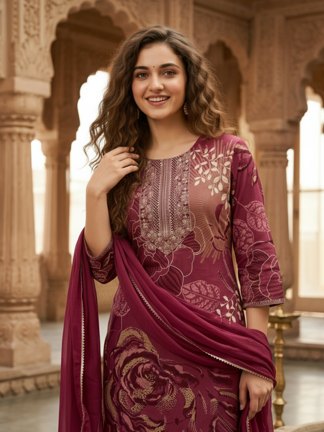 Abstract Floral Print Straight Kurta with Palazzo & Dupatta - Burgundy