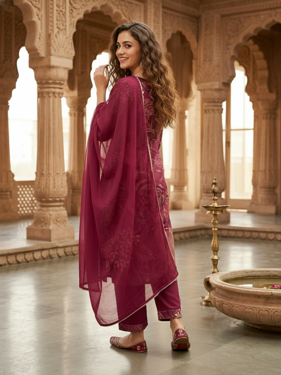 Abstract Floral Print Straight Kurta with Palazzo & Dupatta - Burgundy