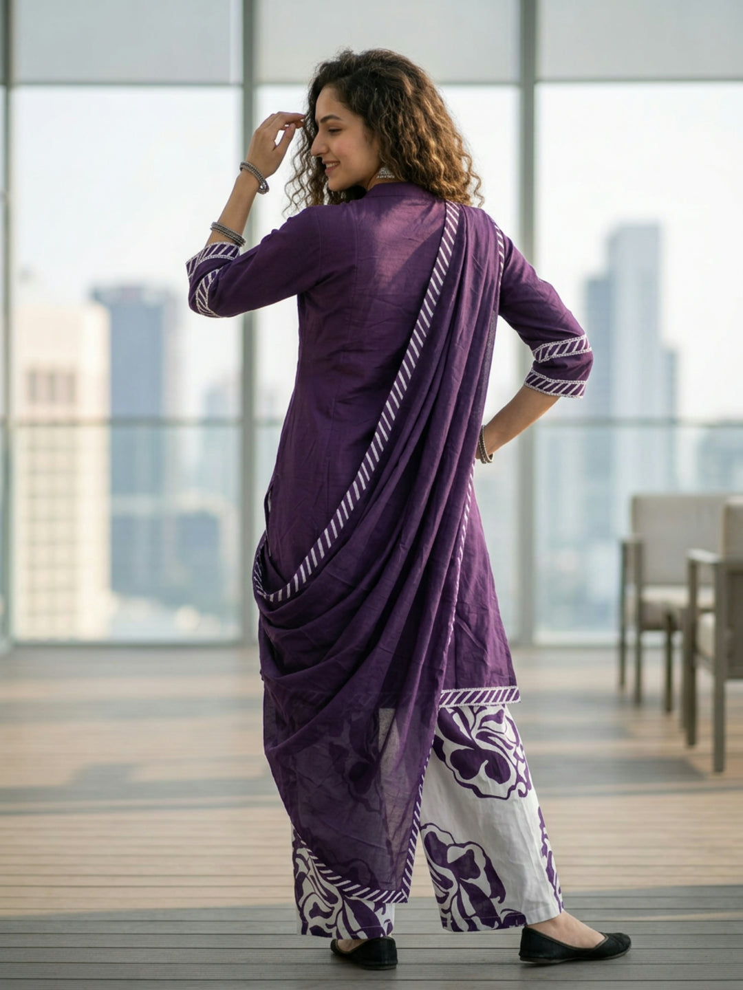Lehariya Printed Mirror Work Straight Kurta with Palazzo & Dupatta - Purple