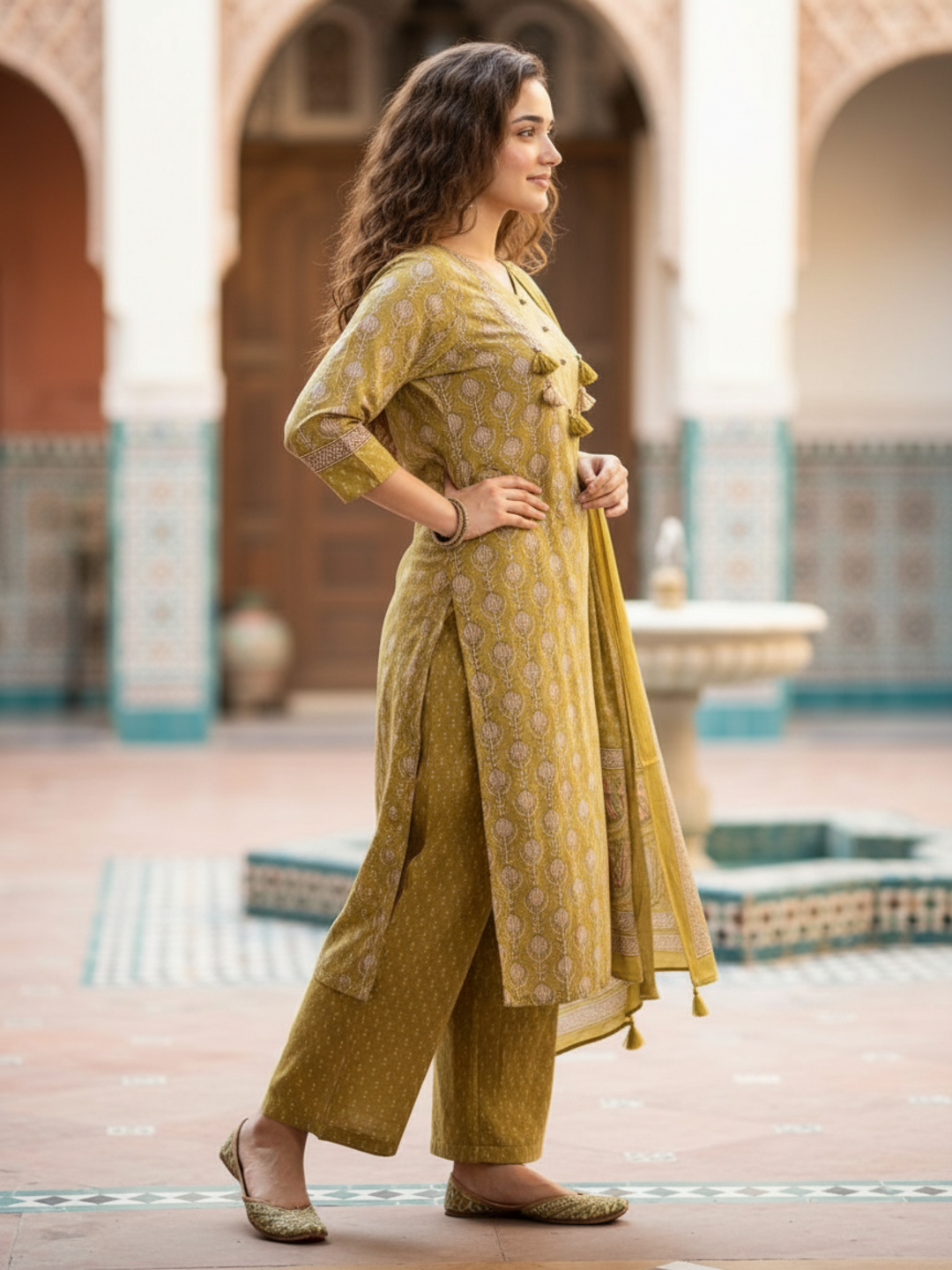 Ethnic Booti Printed Straight Kurta with Palazzo & Dupatta - Mustard