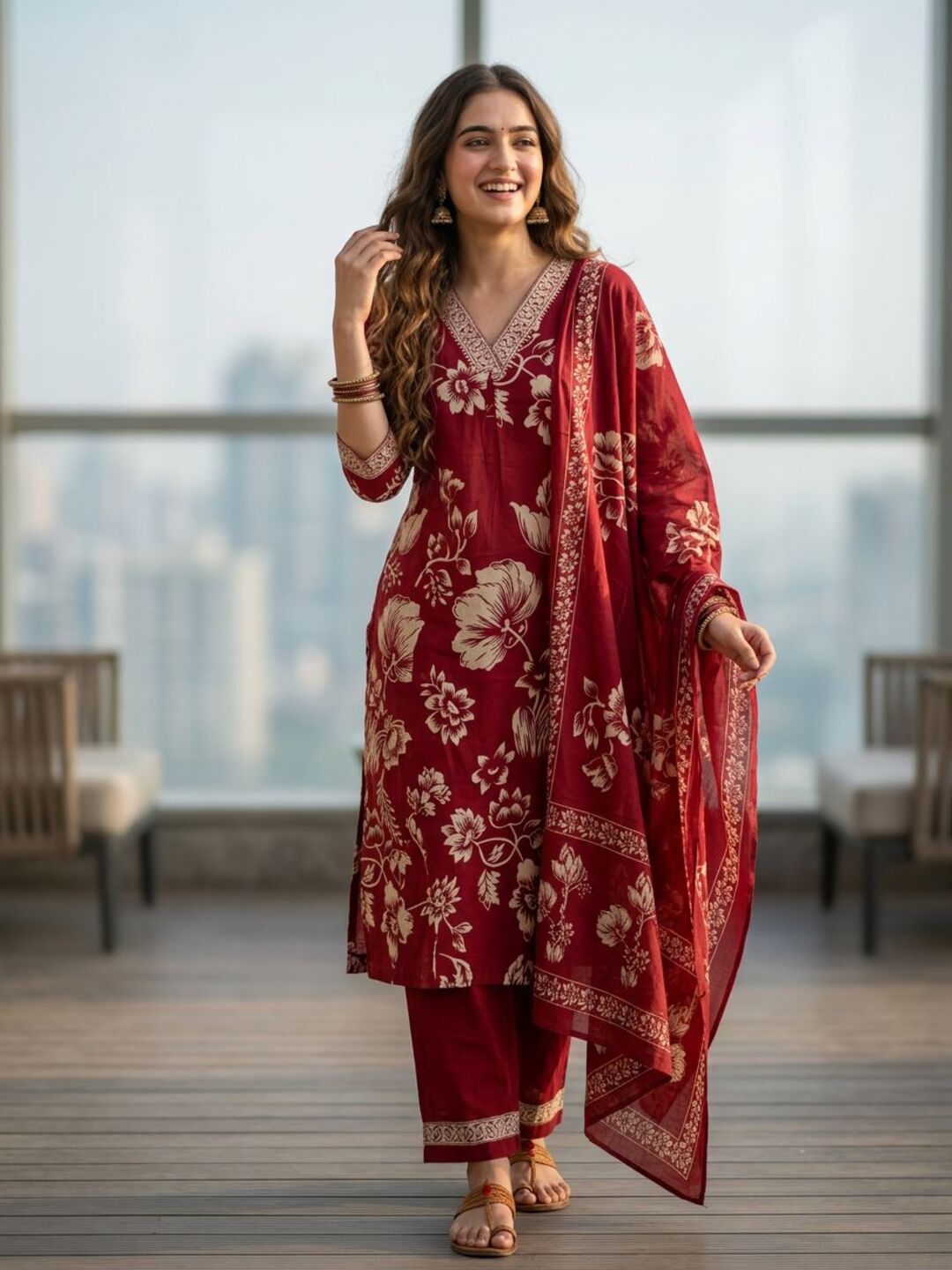 Abstract Floral Jaal Printed Straight Kurta with Palazzo & Dupatta - Red