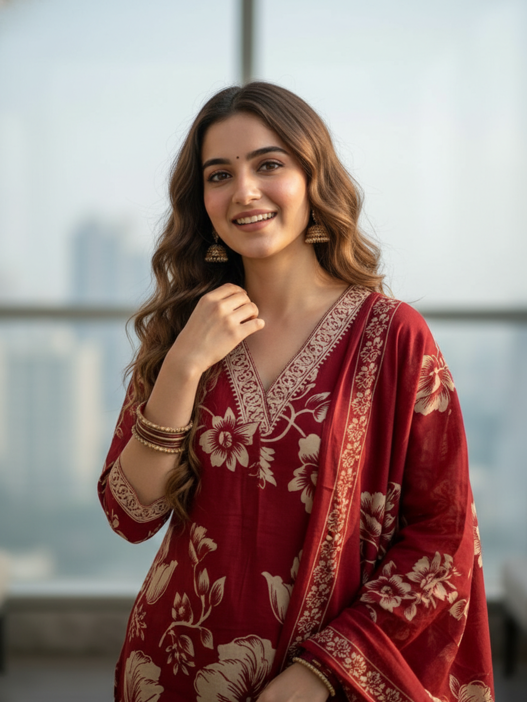 Abstract Floral Jaal Printed Straight Kurta with Palazzo & Dupatta - Red