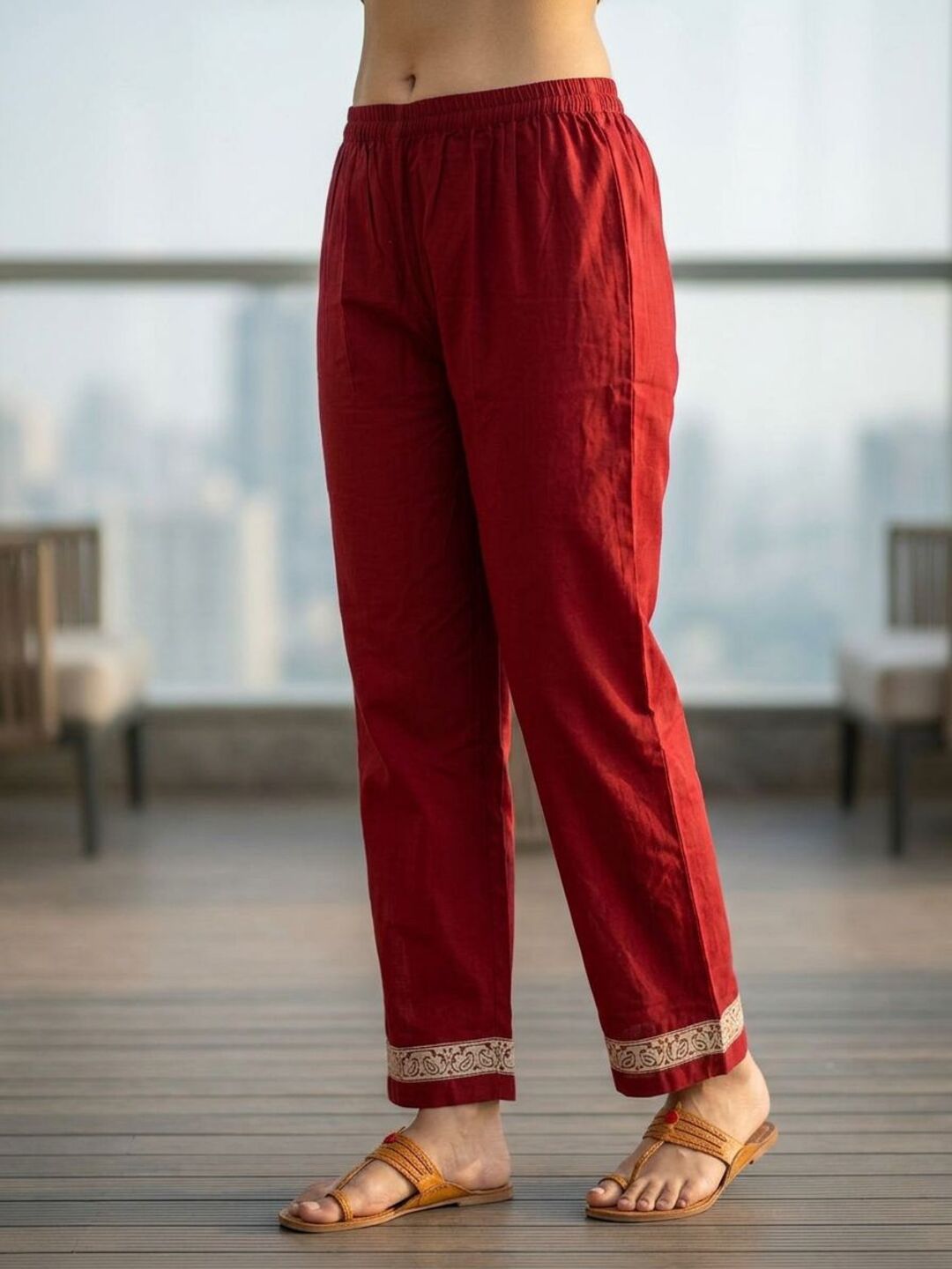 Abstract Floral Jaal Printed Straight Kurta with Palazzo & Dupatta - Red