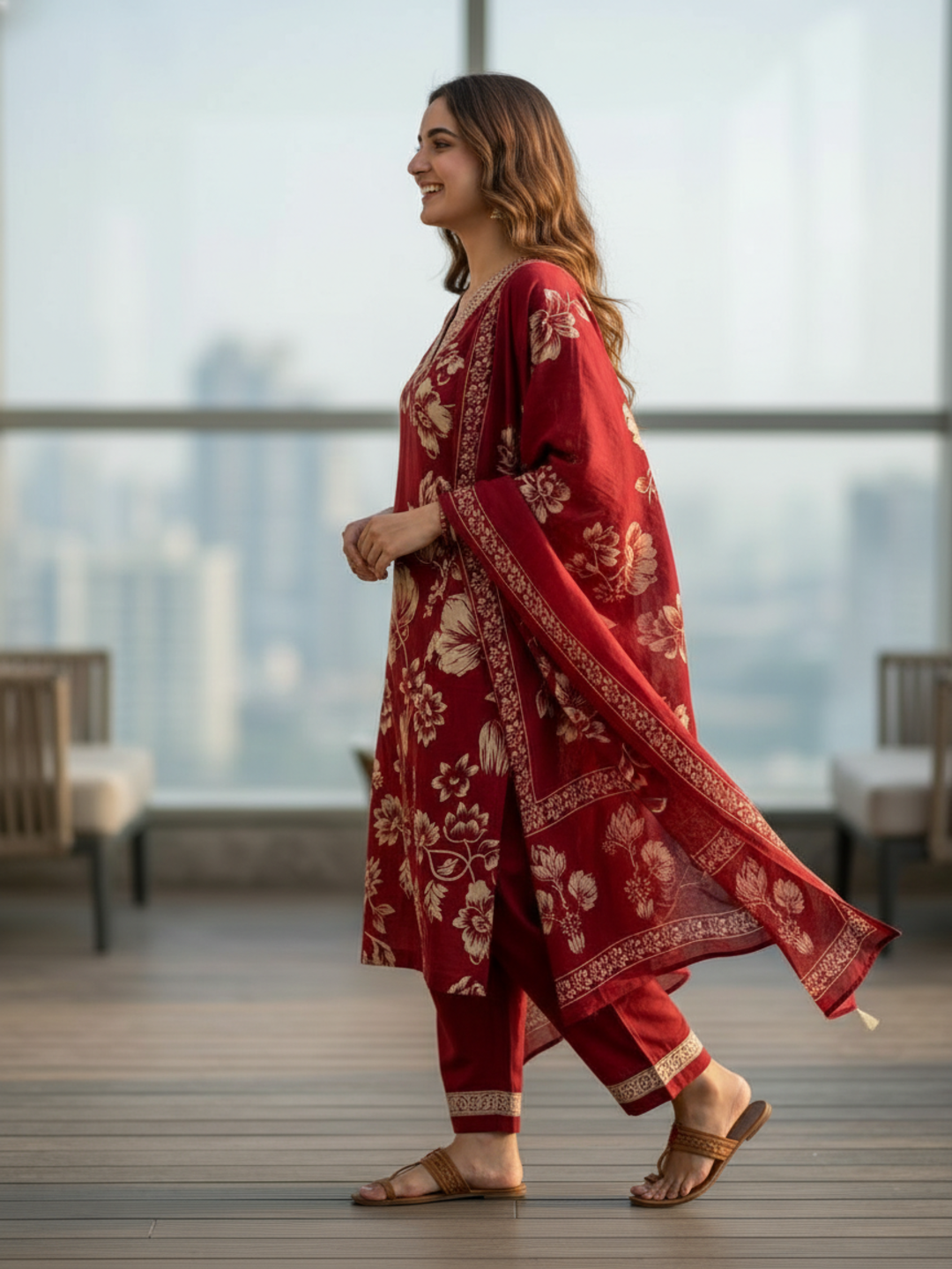 Abstract Floral Jaal Printed Straight Kurta with Palazzo & Dupatta - Red