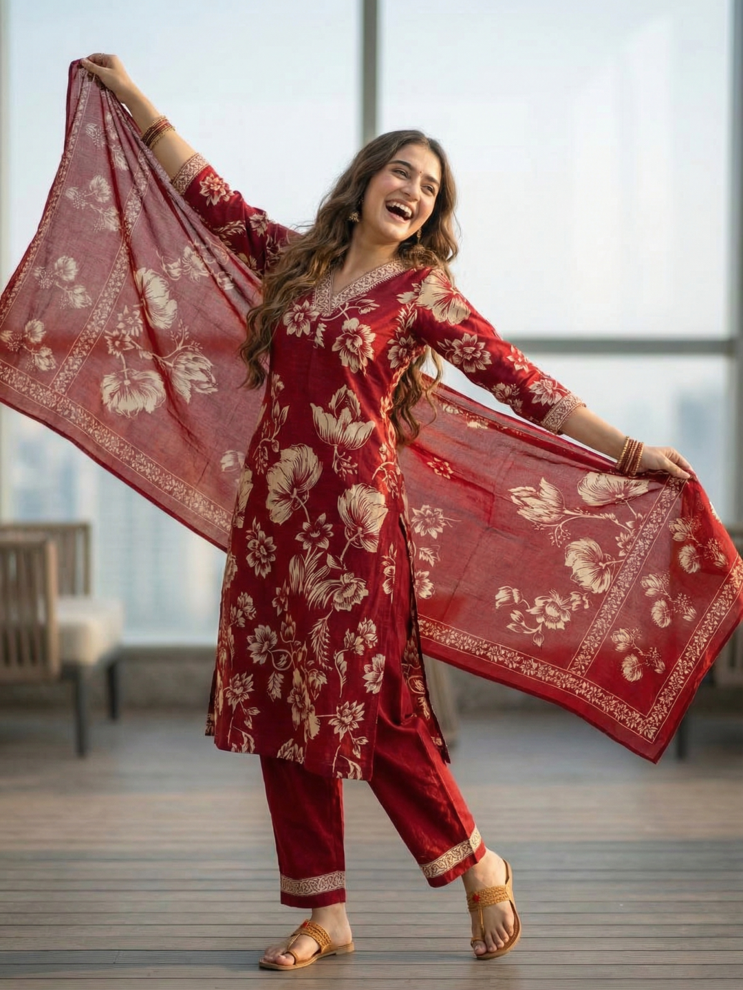 Abstract Floral Jaal Printed Straight Kurta with Palazzo & Dupatta - Red
