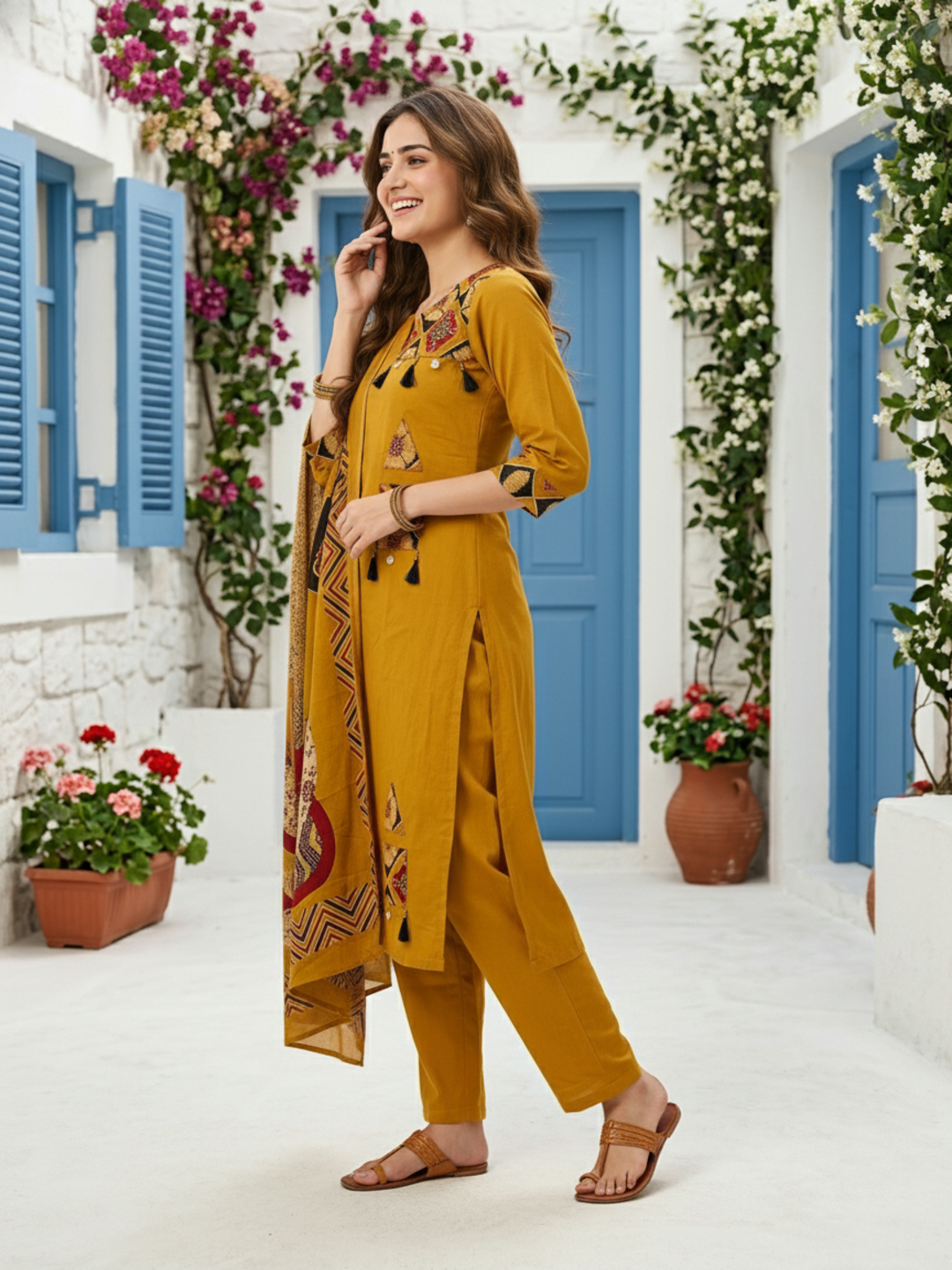 Ajrakh Printed Kantha Work Straight Kurta with Palazzo & Dupatta - Mustard