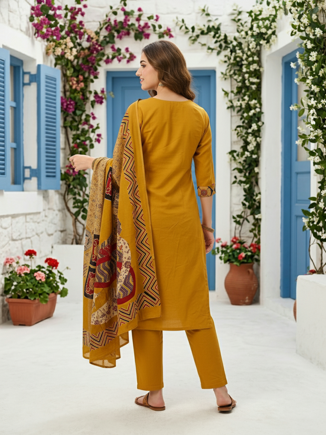 Ajrakh Printed Kantha Work Straight Kurta with Palazzo & Dupatta - Mustard