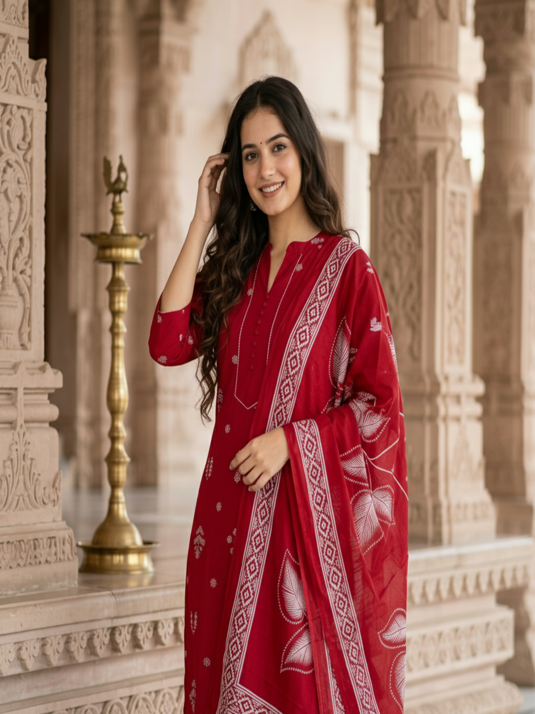 Ethnic Printed Kantha Work Straight Kurta with Pyjama & Dupatta - Maroon