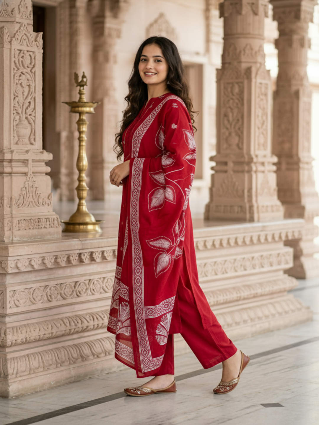 Ethnic Printed Kantha Work Straight Kurta with Pyjama & Dupatta - Maroon