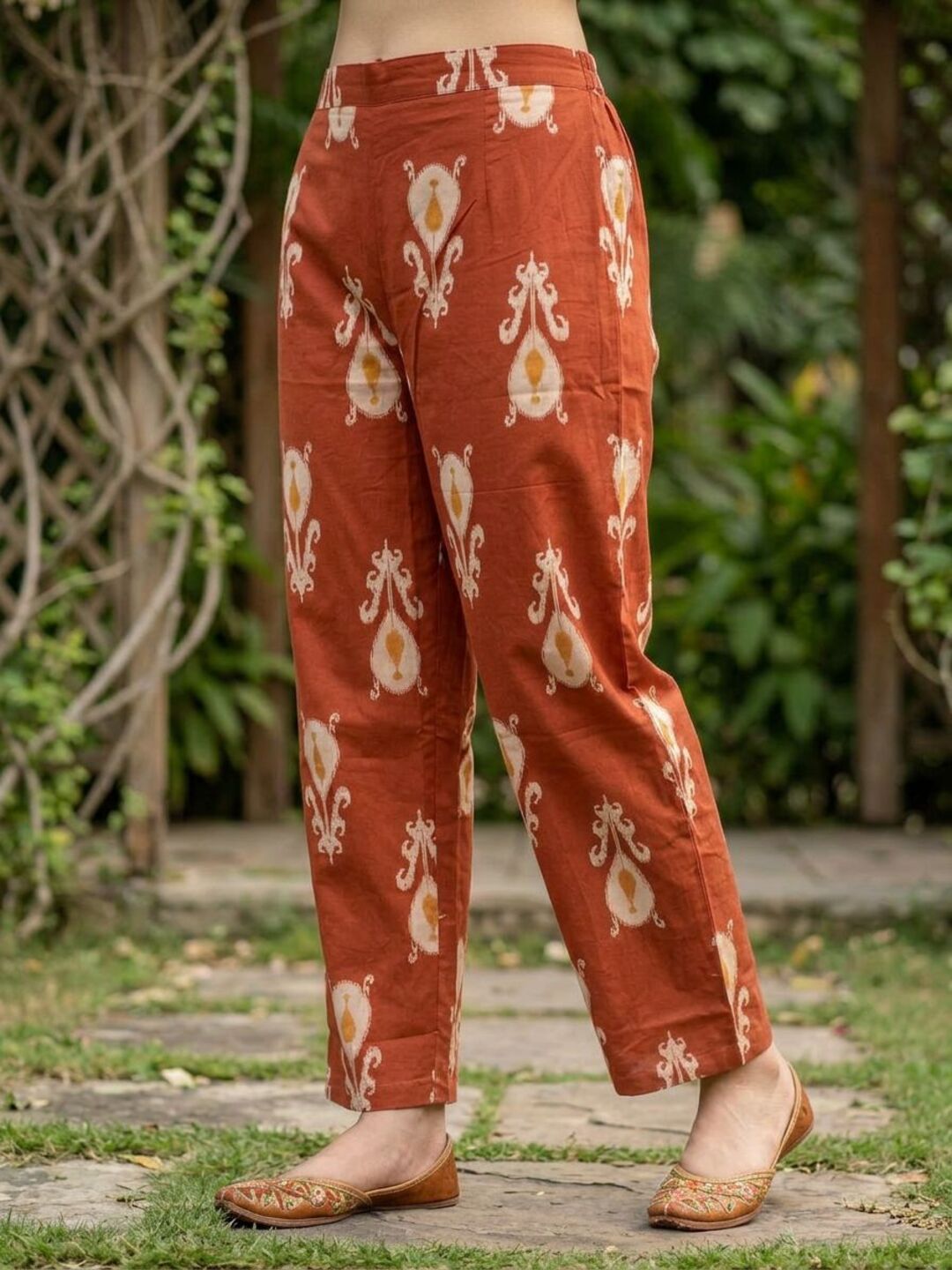 Ikat Boota Printed A-Line Kurta with Pyjama - Rust